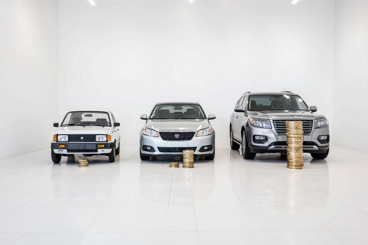 Drei Autos mit Münzstapeln – Websitepreise im Vergleich